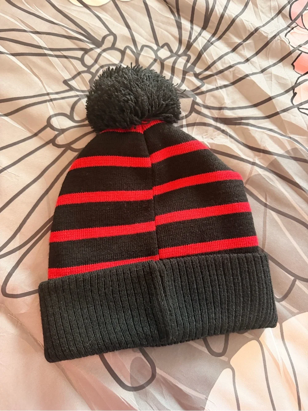 Kids Black & Red Striped Pom Beanie with Minnie Bow Patch
